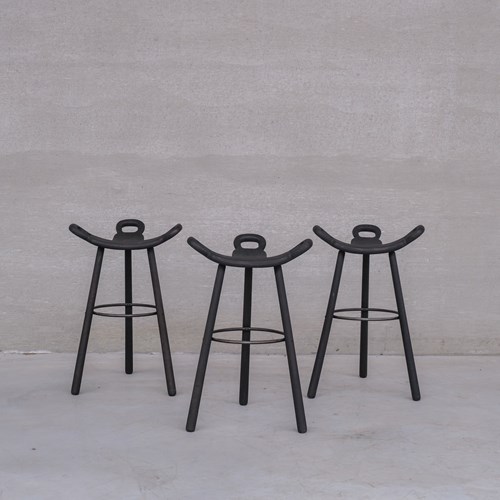 Set Of Three Stained Blackened Mid-Century 'Marbella' Bar Stools