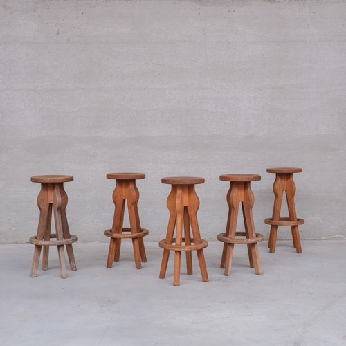Set Of 5 Brutalist Oak Mid-Century Belgium Bar Stools