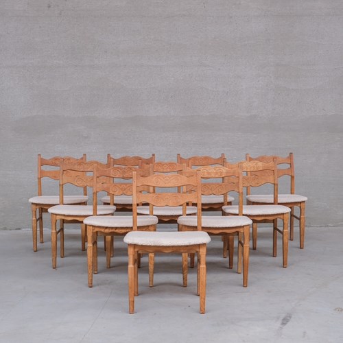 Set Of 8 Oak Mid-Century Danish Dining Chairs Attr. To Henning Kjaernulf