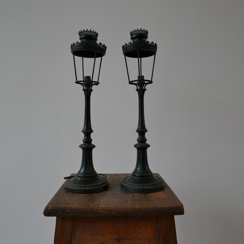 Pair Of Bronze French Table Lamps In The Form Of Street Lanterns