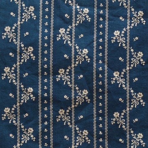 Indigo Floral Stripe Printed Cotton French 19Th Century