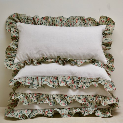 Linen Cushions With Chintz Frills French 19Th Century