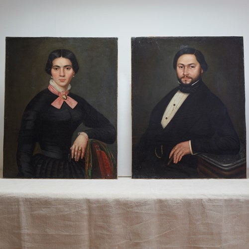 Pair of Provençal Portraits  of a Woman and Man French 19th Century