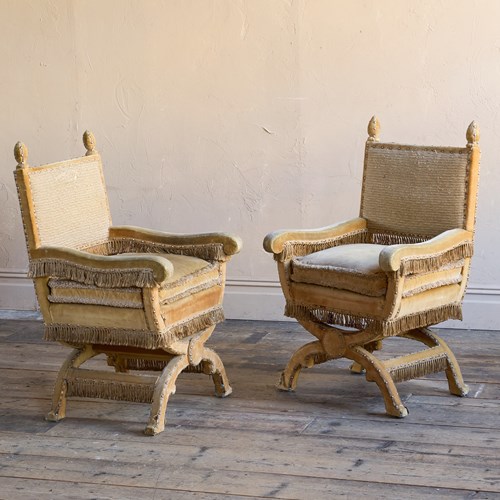 Pair 19Th Century Upholstered X-Frame Armchairs