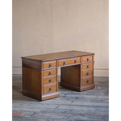 Antique Parquetry Oak Pedestal Desk