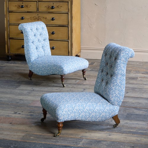 A Pair Of Deep-Seated Howard And Sons Slipper Chairs In Blue H&S Ticking