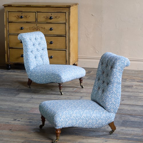 A Pair Of Deep-Seated Howard And Sons Slipper Chairs In Blue H&S Ticking