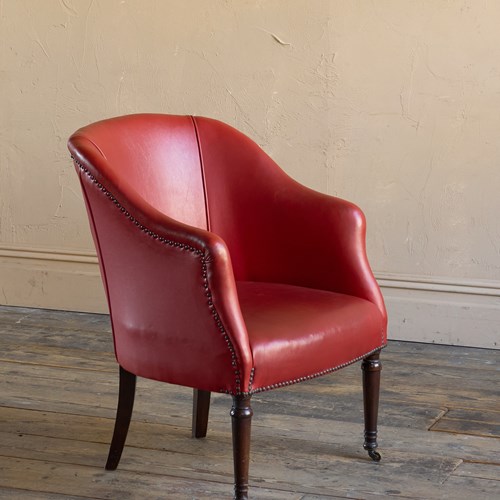 Late 20Th Century Red Leatherette Tub Armchair With Turned Legs & Castors