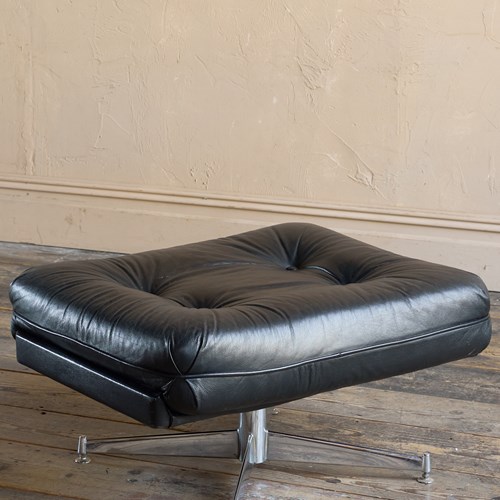 Large 1970S Black Leather Swivel Footstool, Attributed To Howard Keith
