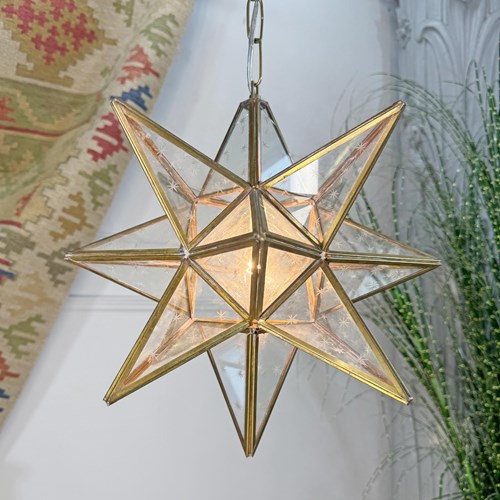 1920’S Moravian Glass Star Pendant Ceiling Light With Etched Star Decoration