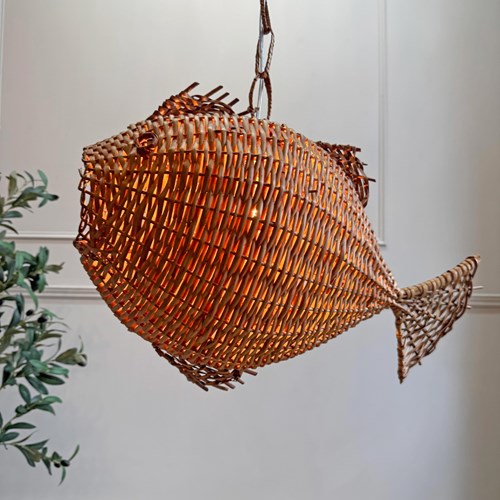 1950'S Large French Wicker Fish Pendant Light