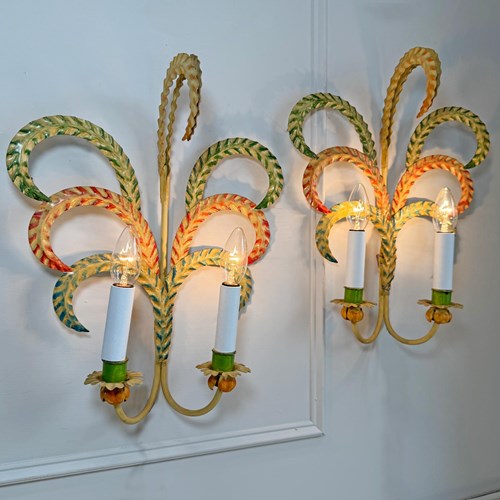  1970'S Polychrome Feather Frond Wall Lights