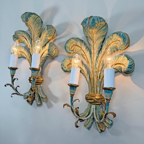 19Th Century Italian Blue Polychrome Wooden Ostrich Feather Wall Lights