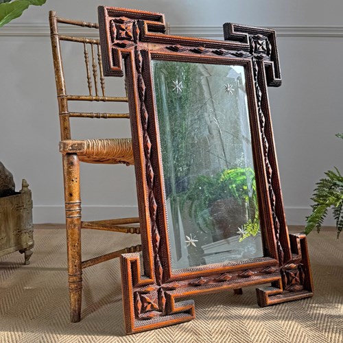 19Th Century Tramp Art Mirror With Etched Cut Stars