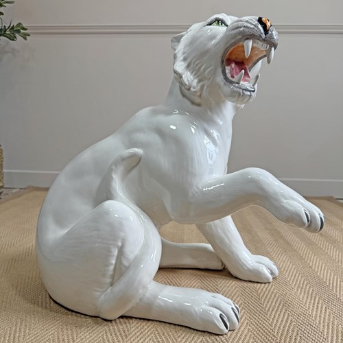 20Th Century Italian Ceramic White Tiger Statue