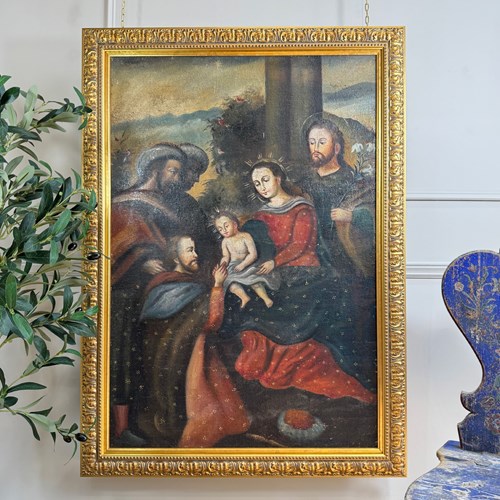 19Th Century Cuzco School Painting Of Madonna And Child With The Three Kings