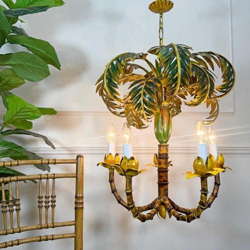 Antique Faux Bamboo Palm Leaf Chandelier France 1930'S