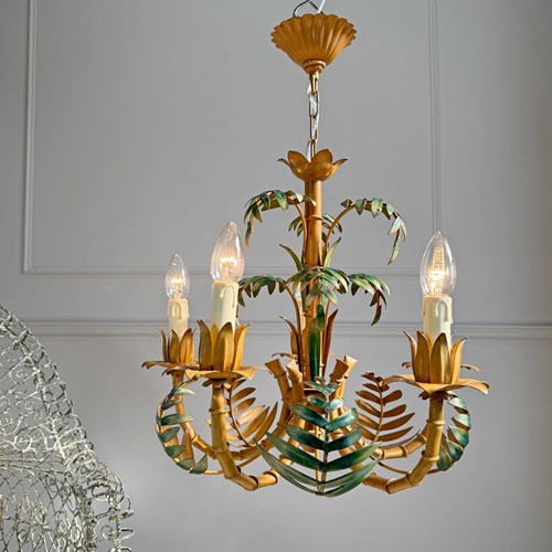 Faux Bamboo Palm Leaf Italian Tole Chandelier 1960'S
