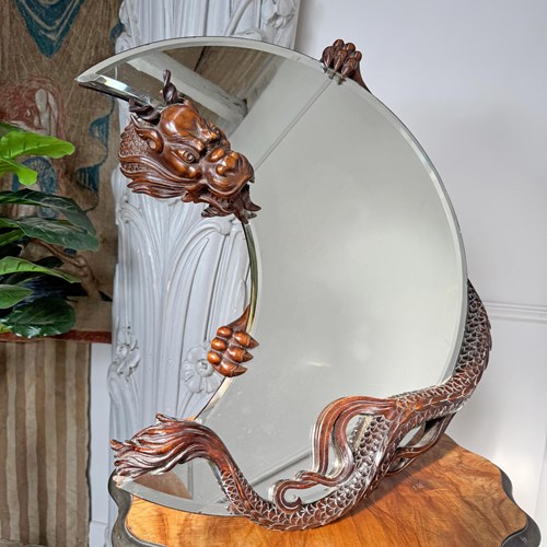Gabriel Viardot 19Th Century Carved Wooden Dragon Crescent Mirror
