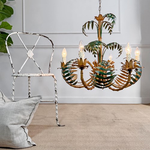 Large Faux Bamboo Palm Leaf Italian Tole Chandelier 1960'S