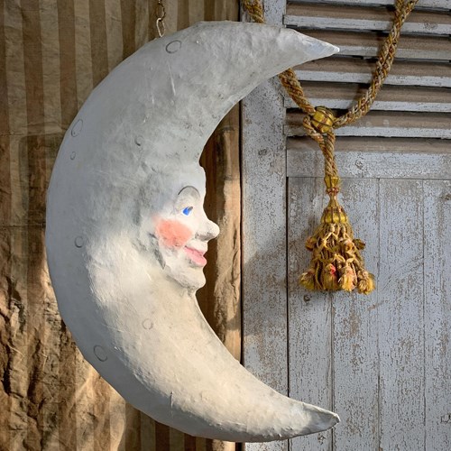 Large Folk Art Papier Mache Moon With Face
