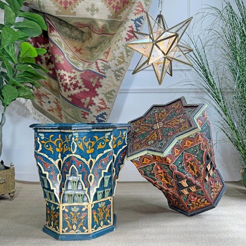 Mid Century Moroccan Painted Wooden Blue Star Table