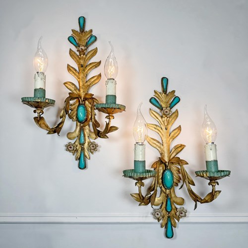 Pair Of 19Th Century Italian Gilt Wall Lights With Turquoise Glass Detail