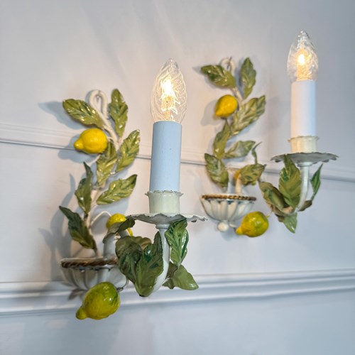 Pair Of Amalfi Lemon Tole Wall Lights Italy 1950'S