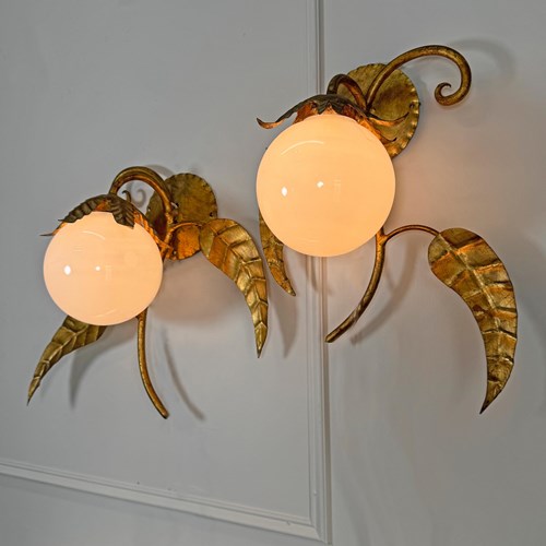 Pair Of Vintage Gilt Iron And Glass Globe Spanish Wall Lights