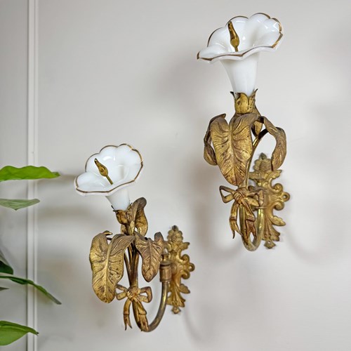 RW Winfield Art Nouveau Opaline And Brass Flower Wall Sconces 1845