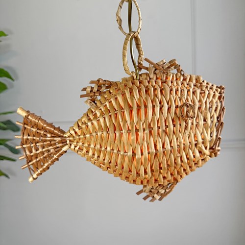 Vintage Wicker Fish Ceiling Light France 1950'S