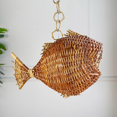 Rare Wicker Fish Ceiling Light Mid Century France