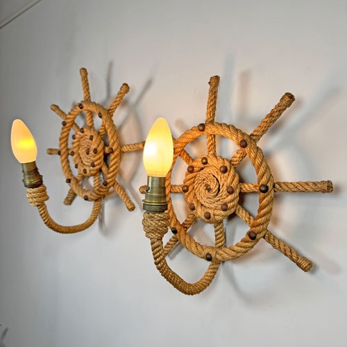 Audoux Minet An Exceptional Rare Pair Of Ships Wheel Rope Wall Lights France 