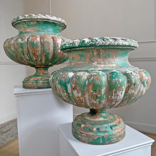 Pair Of French 19Th Century Green Cast Iron Garden Urns By Alfred Corneau