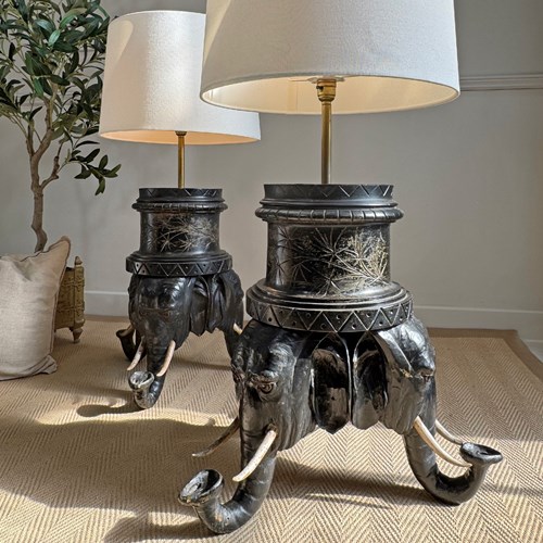 A Pair Of Reimagined 19Th-Century Anglo-Indian Carved Hardwood Elephant Lamps