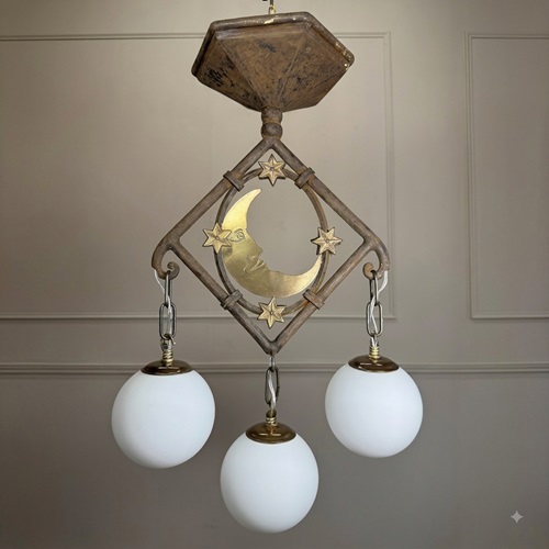 Art Deco Brass And Wrought Iron Moon And Stars Ceiling Light