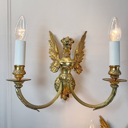 Pair Of Late 19Th Century Gilded Bronze Female Griffin Empire Wall Lights