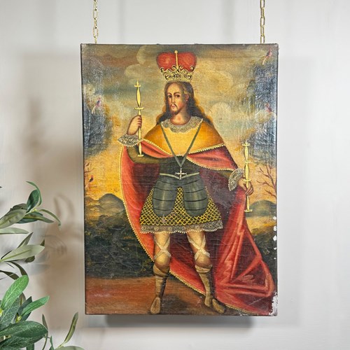 19Th Century Cuzco Oil On Canvas Of An Incan King Holding Aloft Two Scepters