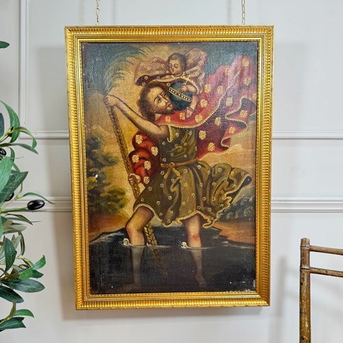 19Th Century Cuzco Oil Painting  Of St Christopher Carrying The Christ Child 