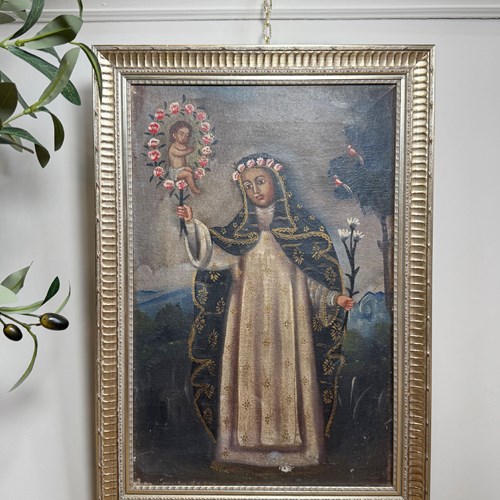 19Th Century Cuzco School Oil Painting Of Saint Rose Of Lima