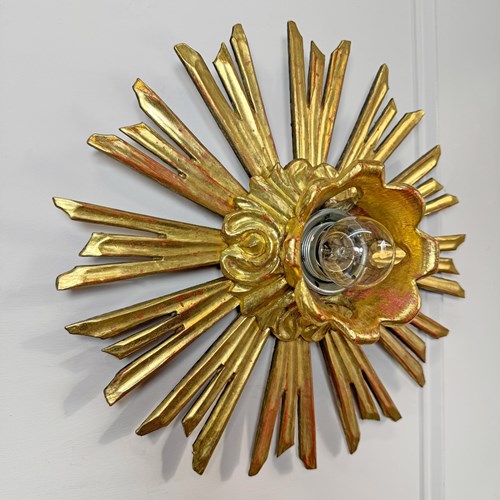 Antique Water Gilt Wood Chapel Sunburst Flush Light