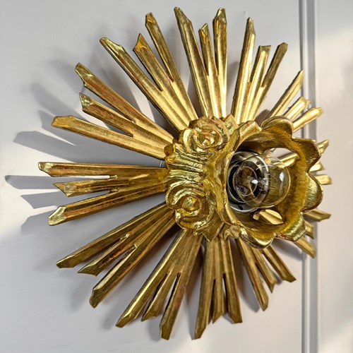Antique Water Gilt Wood Chapel Sunburst Flush Light