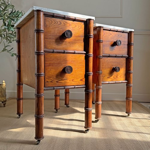 Exceptional Museum-Grade Pair Of Faux Bamboo Bedside Cabinets By Howard & Sons