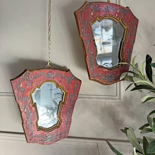 A Pair Of Beautiful Hand Painted Italian Red Baroque Wall Mirrors