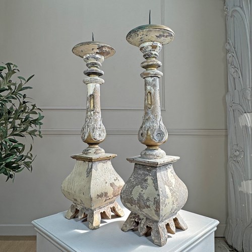 Pair Of 19Th Century Swedish Gustavian Carved Wooden Candlesticks