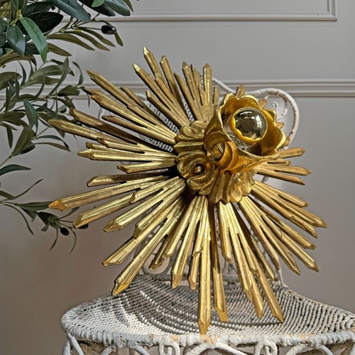 Large Water Gilded Wooden Chapel Sunburst Flush Or Wall Light