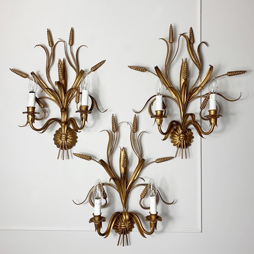 Set Of 3 Hans Kogl Gilt Wheatsheaf Wall Lights 1970