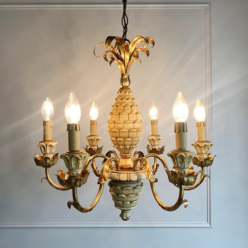 Italian Carved Wood And Gilt Decorative Pineapple Chandelier 1970