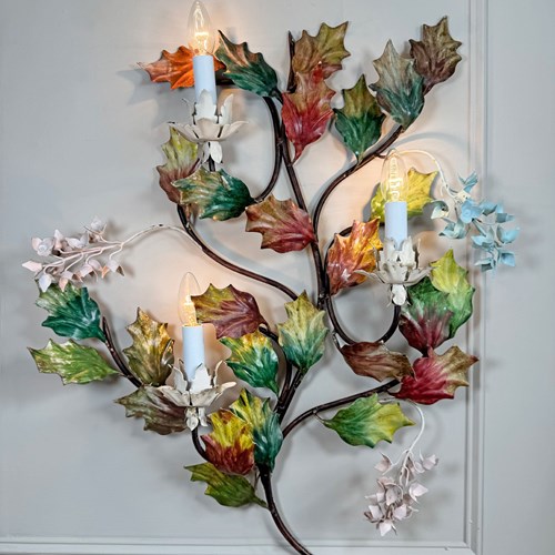 Exceptional Large Italian Hand Painted Holly Leaf And Flower Wall Sconce 1950'S