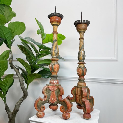 18Th Century Baroque Polychrome Wood Candle Sticks